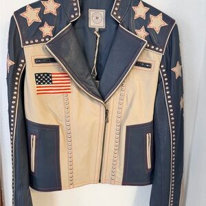 Double D Ranch Navy and Cream Star Leather Jacket